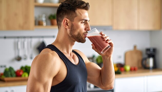 A man in a modern kitchen, casually sipping from a clear glass filled with a refreshing beverage, sunlight streaming through the window.