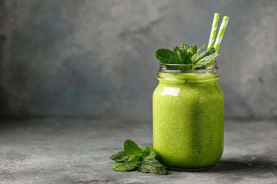 Healthy green smoothie with spinach in a jar mug, selective focus. AI Generative