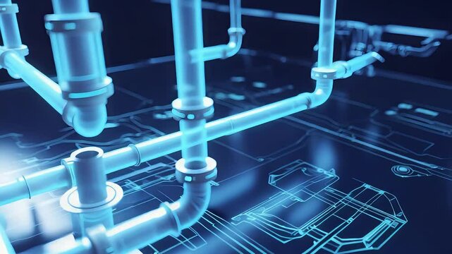 Detailed close-up of futuristic metallic plumbing pipes with glowing blue circuit board background, showcasing modern industrial technology design

