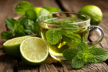 Herbal Mint Tea with Lime on Rustic Wooden Table