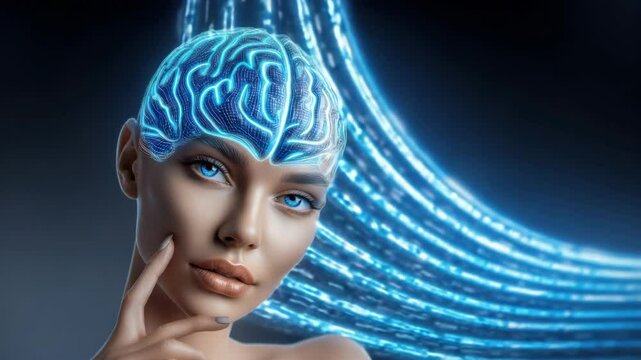 A beautiful woman with a holographic digital brain and a wave-like moving data stream in the background.