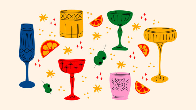 Set of alcoholic cocktails in retro cartoon glasses. Classic summer aperitifs and fun drinks in hippie groovy hand-drawn style. Perfect for party and vacation designs.