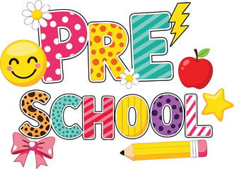 Colorful Preschool Banner with Emoticon Apple Pencil and Bow