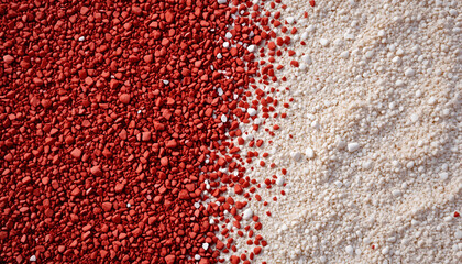 Textured contrast of red and white gravel creating a visually striking decorative surface
