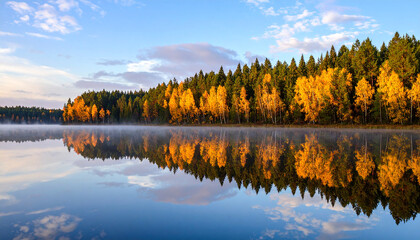 Reflective Autumn Forest Lake at Dawn.dawn, cloud, lake, sky, sunset, water, autumn, forest, mountain, tree, awe, calm, canada, cloudscape, colours, dusk, fog, horizontal,
