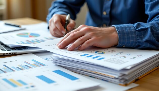 Analyzing financial reports and market trends office setting business documentation professional environment close-up view data insights for strategic decision making