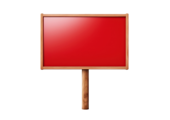 blank red sign board with wooden stick handle isolated on white or transparent png