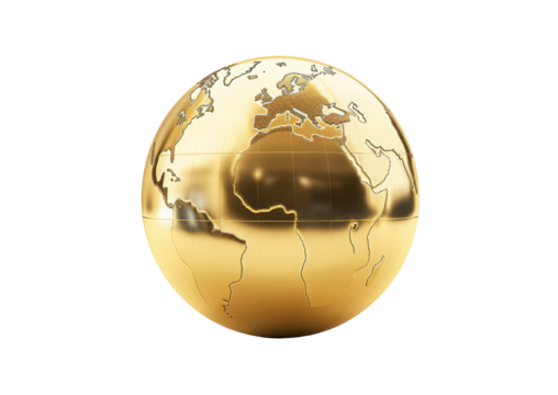 golden globe earth isolated on white or transparent png