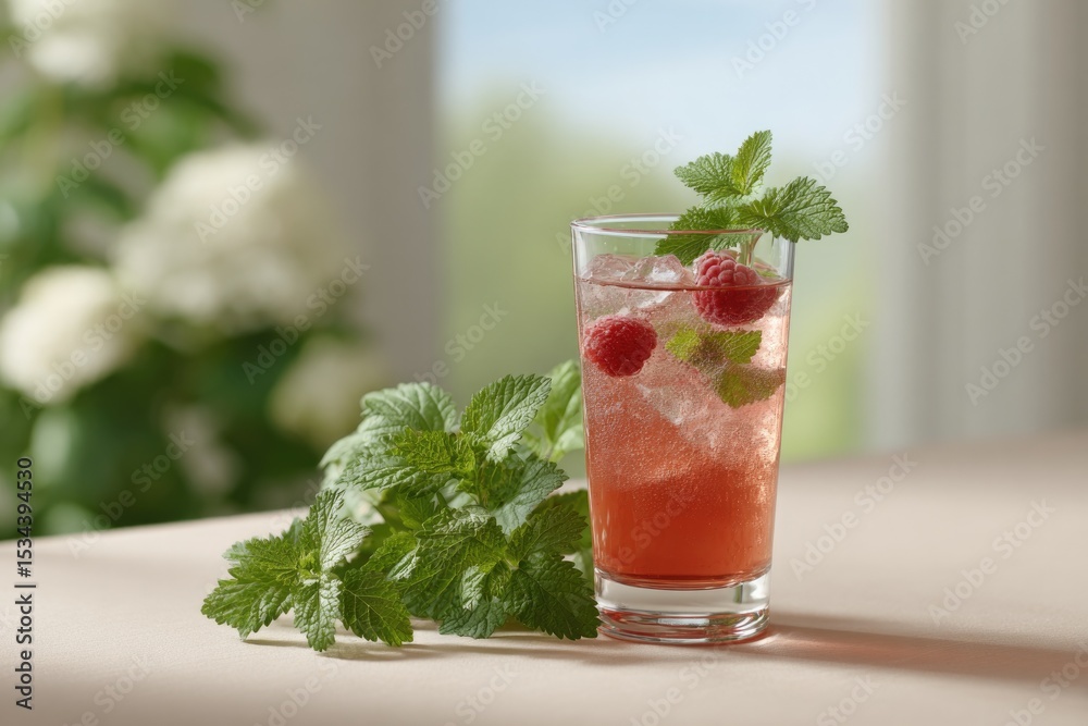 Poster clean image of glass with vibrant summer refreshment resting on table with generous copy space