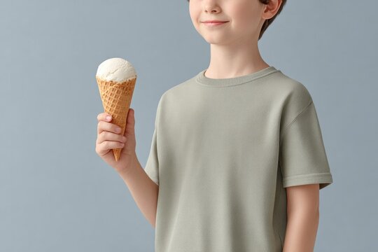 child with joyful smile holding ice cream cone celebrates national ice cream day background blurred