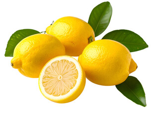 Zesty Lemon Composition: A vibrant collection of fresh lemons with lush green leaves, the bright yellow fruit exudes freshness, capturing the essence of citrus