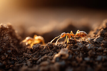 Ants are actively foraging in the warm sand, highlighting their teamwork at sunset in a natural environment