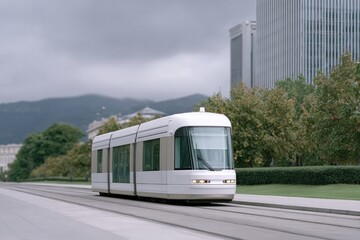 Naklejka premium solitary tram glides silently through clean cityscape surrounded by modern buildings under overcast sky