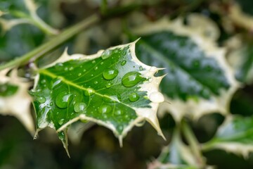 close up of raindrops on the leaf of English Holly Ilex Acquifolium 