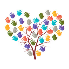Heart Shaped Tree of Helping Hands Vector Illustration. A tree with bare brown branches forming the shape of a heart. Instead of leaves, colorful handprints of various hues.