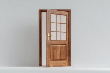 Obraz premium wooden door standing ajar surrounded by ample copy space on pure white background invites viewers to imagine what lies