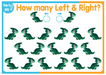 Children's educational game, tasks. Count how many elements will be placed on the right and how many on the left. Dinosaurs.	

