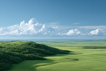 Fototapeta premium aerial view of minimalistic landscape showcasing serene fields surrounded by clear sky and scattered clouds