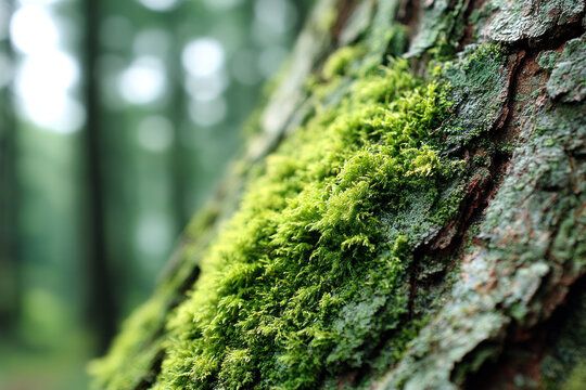 Green moss covers the rough texture of tree bark, surrounded by a tranquil forest atmosphere in morning light - Powered by Adobe