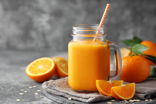  Orange smoothie and orange fruits with green leaves isolated on dark background. AI Generative