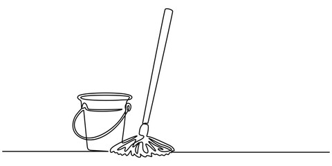 Continuous one line drawing of mop and bucket. Cleaning concept. Simple vector illustration, Single line draw design vector graphic illustration. Cleaning tools one line colored continuous drawing. 