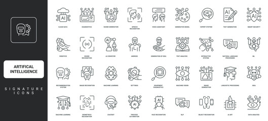 Natural language processing, generation of ideas, text and images, sounds thin black outline symbols vector illustration. Artificial intelligence, machine learning and robotics line icon set.