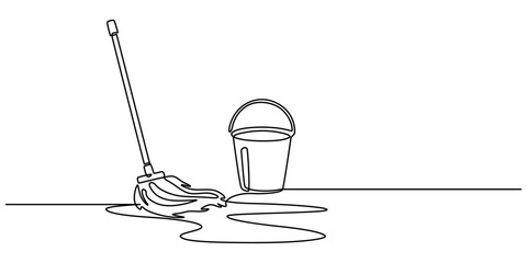Continuous one line drawing of mop and bucket. Cleaning concept. Simple vector illustration, Single line draw design vector graphic illustration. Cleaning tools one line colored continuous drawing. 