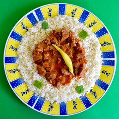 Hungarian beef goulash on a bed of long grain rice. 