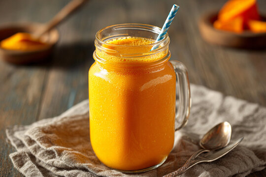  Orange smoothie and orange fruits with green leaves isolated on dark background. AI Generative