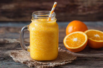  Orange smoothie and orange fruits with green leaves isolated on dark background. AI Generative