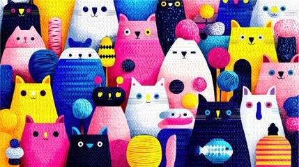 Colorful collection of whimsical cat characters made from yarn, set against a vibrant backdrop