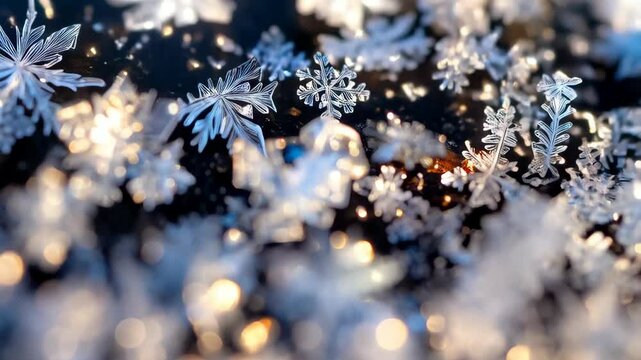 Delicate snowflakes shimmering on a dark surface, a macro view capturing intricate ice crystals and winter frost with blurred golden highlights. - Powered by Adobe