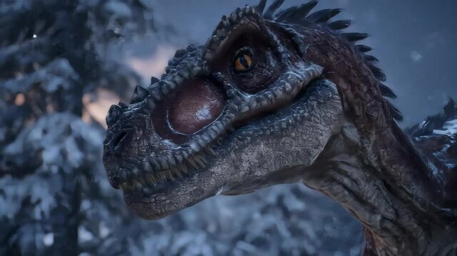 A ferocious dinosaur roars amidst a snowy winter forest The creature s reptilian eye dominates the close up shot suggesting prehistoric power in a frozen landscape - Powered by Adobe