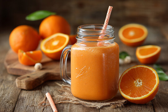  Orange smoothie and orange fruits with green leaves isolated on dark background. AI Generative