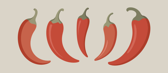 Five red chili peppers illustration