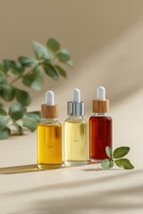 vibrant color background with assorted skincare oils arranged elegantly in balanced minimalistic layout