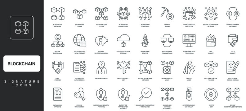Linked chain of blocks, trade, hot and cold wallet thin black outline symbols vector illustration. Blockchain, digital data and crypto currency mining, bitcoin and fintech line icon set.