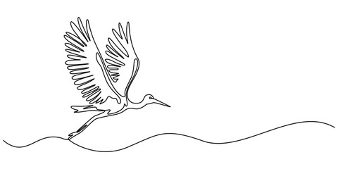 Heron stork single continuous one line out line vector art drawing on white background, Continuous one single minimal line drawing Cranes, Stork bird continuous one line drawing minimalism design.