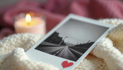 Black and white Polaroid photo with travel memories and heart (Valentine’s Day)