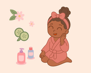 Young girl sitting in spa robe with cucumber slices on eyes, cosmetics and skincare bottles around. Relaxation and beauty cartoon concept. Vector illustration.