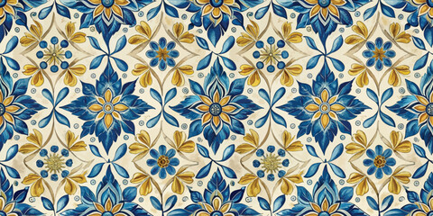 Vibrant blue and gold floral pattern on a light background.