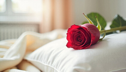 Red rose on pillowcase (Valentine’s Day)