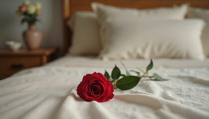 Red rose on bed in bedroom