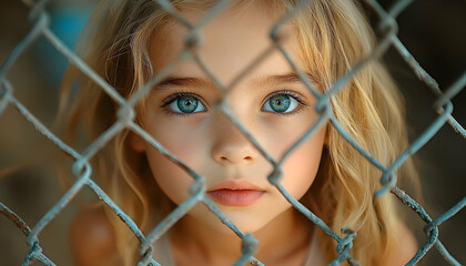 A child's intense gaze through a metal fence