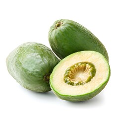 Three Beautiful Green Papayas, One Cut Open, on a White Background