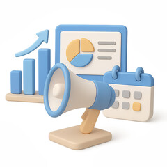 Marketing toolbox with charts, megaphone and calendar in 3D illustration on transparent background for business strategy and advertising.