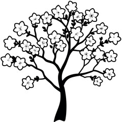 Obraz premium Black and White Cherry Blossom Tree Silhouette Line Art