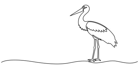Heron stork single continuous one line out line vector art drawing on white background, Continuous one single minimal line drawing Cranes, Stork bird continuous one line drawing minimalism design.