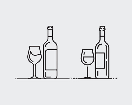 Wine bottles and glasses line art illustration
