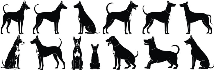 Diverse Dog Breed Silhouette Collection, Various Canine Poses, Sitting, Standing, and Barking, Pet Animal Vector Graphics for Veterinary, Training, and Pet Care Designs